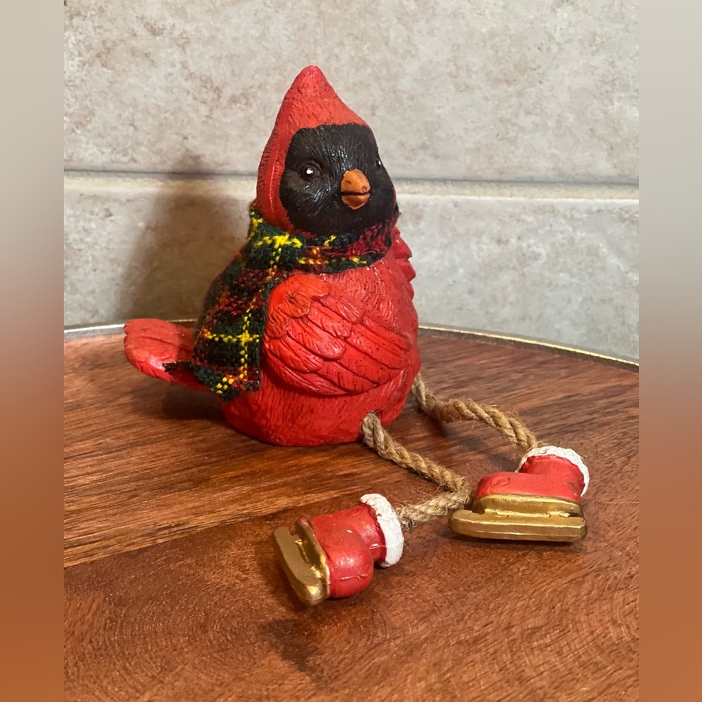 Festive Sparkle Cardinal Figurine with Plaid Scarf and Ice Skates Dangle